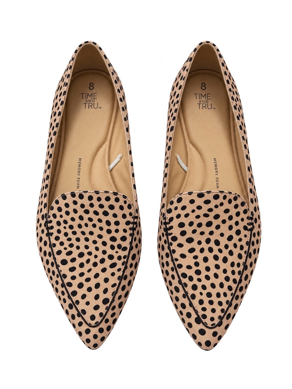 Time and Tru Tan and Black Polka Dot Pointed Loafers
